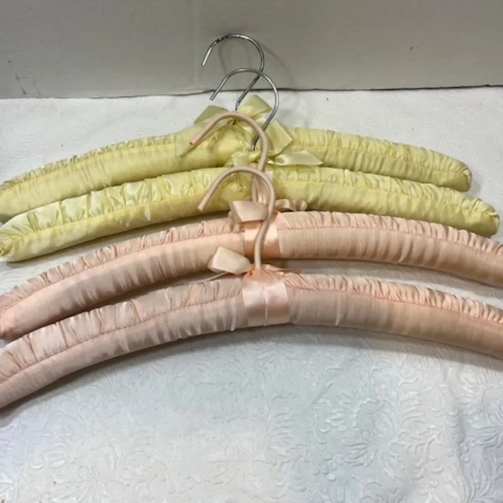 Four Classic Padded Pastel Satin Dress Clothes Hangers Yellow Peach 15.5